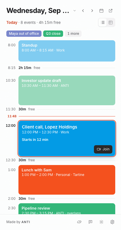 ANTI Day agenda showing sample meetings, free intervals, and the current time